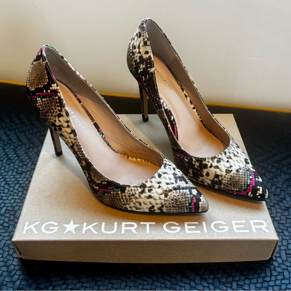 Kurt Geiger Snake-Print Pointed Pumps with Black, Cream & Pink Accents